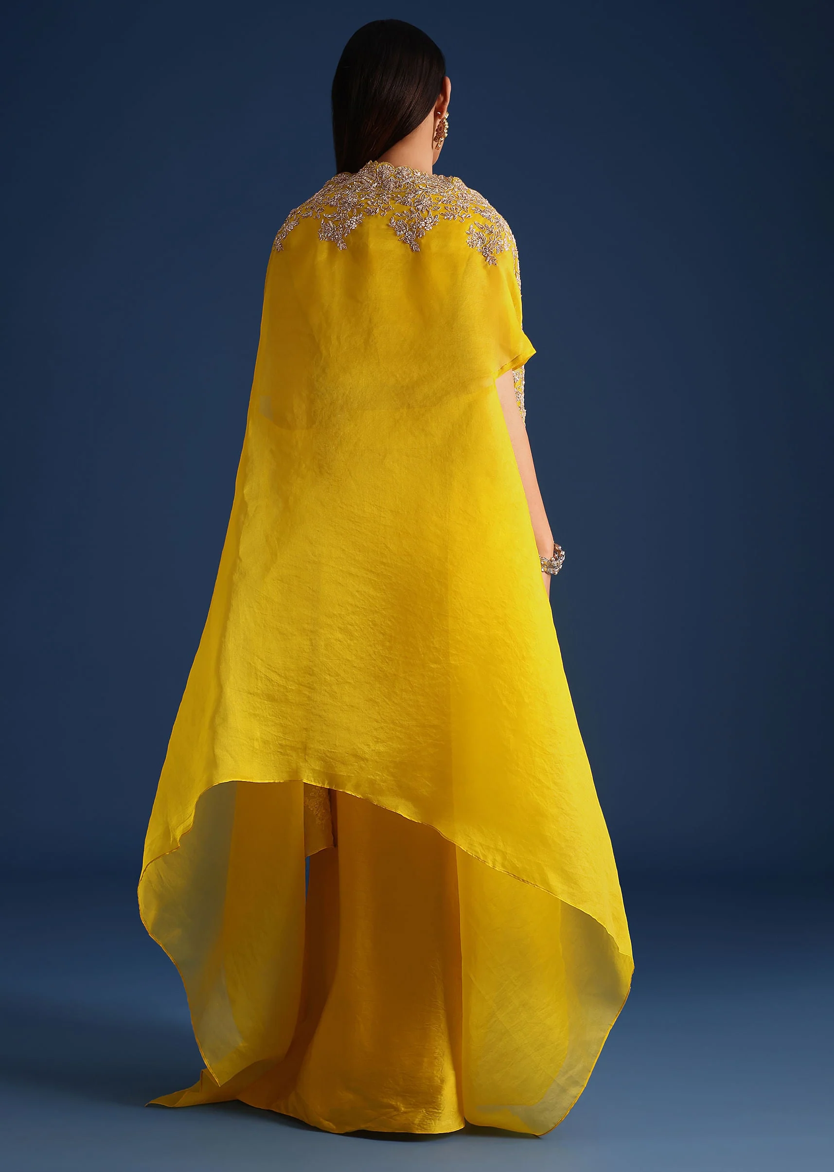 Yellow Zardozi Work Crop Top With Jacket And Skirt - Image 5