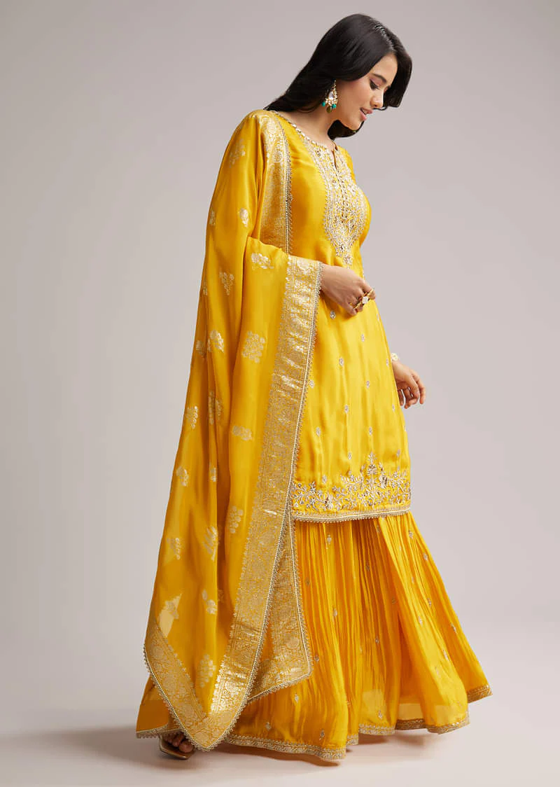 Yellow Zari Palazzo Suit Set With Dupatta - Image 3