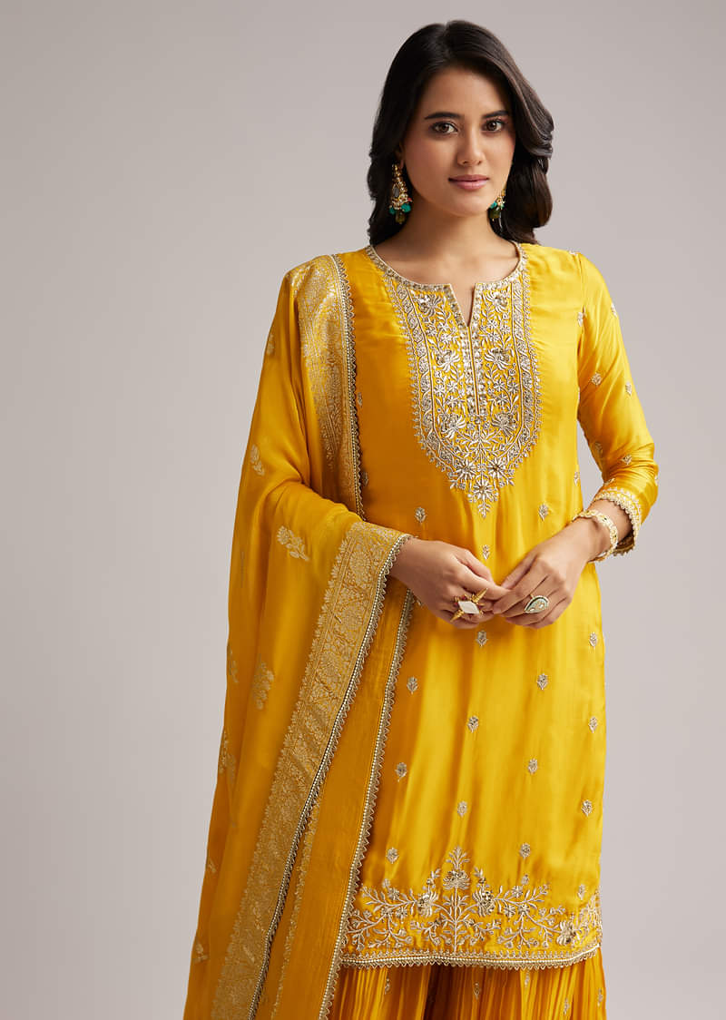 Yellow Zari Palazzo Suit Set With Dupatta - Image 4
