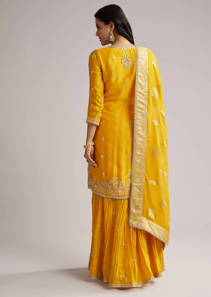 Yellow Zari Palazzo Suit Set With Dupatta - Image 5
